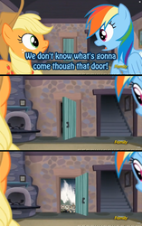 Size: 643x1024 | Tagged: safe, edit, edited screencap, screencap, applejack, rainbow dash, g4, the cutie map, meme, that door, tsunami