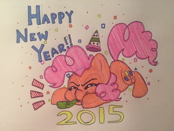 Size: 1280x960 | Tagged: safe, artist:gopherfrog, pinkie pie, g4, 2015, doodle, female, happy new year, hat, new year, party, party hat, party horn, sharpie, sketch, solo, traditional art