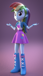 Size: 1080x1920 | Tagged: safe, artist:creatorofpony, pinkie pie, rainbow dash, series:humane six in pinkie pie's clothes, equestria girls, g4, 3d, 3d model, angry, balloon, blender, boots, bracelet, clothes, clothes swap, female, high heel boots, jewelry, pinkie pie's boots, pinkie pie's clothes, pinkie pie's skirt, shrug, skirt, solo, spread arms, teenager, vest