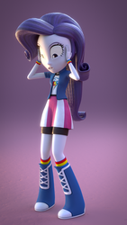 Size: 1080x1920 | Tagged: safe, artist:creatorofpony, rainbow dash, rarity, equestria girls, g4, magical mystery cure, 3d, 3d model, blender, boots, clothes, clothes swap, collar, compression shorts, equestria girls interpretation, female, looking at self, looking down, rainbow dash's jacket, rainbow dash's shirt, rainbow dash's shirt with a collar, rainbow dash's skirt, rainbow dash's wristband, rainbow socks, scene interpretation, shirt, shocked, shorts, skirt, socks, solo, striped socks, teenager, wristband