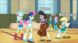 Size: 961x540 | Tagged: safe, edit, edited screencap, screencap, aqua blossom, blueberry cake, bon bon, derpy hooves, lyra heartstrings, octavia melody, sweetie drops, equestria girls, g4, my little pony equestria girls: rainbow rocks, background human, image macro, inside joke, meme, metaphor, op is a duck, op is trying to start shit, united states military