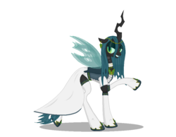 Size: 900x700 | Tagged: safe, artist:darkstarflyer66, queen chrysalis, butterfly, changeling, changeling queen, g4, clothes, dress, female, jewelry, raised hoof, shoes, smiling, socks, solo, stockings