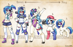 Size: 1600x1035 | Tagged: safe, artist:shepherd0821, dj pon-3, vinyl scratch, human, pony, anthro, semi-anthro, unguligrade anthro, g4, anthro chart, anthro with ponies, belly button, bipedal, boombox, bubblegum, cap, clothes, costume, female, glasses, hat, headphones, humanized, midriff, one-piece swimsuit, radio, socks, solo, soundscratch, soundwave, sunglasses, swimsuit, thigh highs
