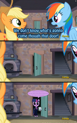 Size: 960x1528 | Tagged: safe, edit, applejack, rainbow dash, twilight sparkle, alicorn, pony, g4, the cutie map, blue text, comic, female, jehovah's witness, magic of friendship, mare, meme, that door, twilight sparkle (alicorn)