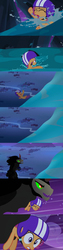 Size: 1440x5670 | Tagged: safe, artist:dtkraus, edit, king sombra, scootaloo, g4, sleepless in ponyville, alternate ending, bad end, eyes closed, falling, flying, frown, gritted teeth, open mouth, rescue, river, scared, smirk, surprised, wat, water, waterfall, wide eyes