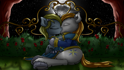 Size: 3840x2160 | Tagged: safe, artist:neko-me, derpy hooves, prince blueblood, pegasus, pony, fanfic:where is my love?, g4, clothes, cloud, cloudy, crack shipping, derpblood, dress, embrace, fanfic art, female, garden, high res, jacket, kissing, mare, moon, prince blueblood gets all the mares, shipping