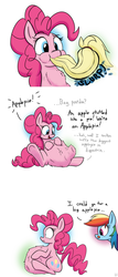 Size: 1200x2800 | Tagged: safe, artist:bellspurgebells, applejack, pinkie pie, rainbow dash, earth pony, pony, g4, belly, big belly, comic, dialogue, eaten alive, endosoma, female, fetish, imminent vore, kitchen eyes, licking lips, mare, non-fatal, non-fatal vore, pinkie pred, pun, sitting, tail sticking out, throat bulge, vore