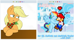 Size: 512x278 | Tagged: safe, artist:joey darkmeat, artist:shawnyall, applejack, rainbow dash, pony, derpibooru, g4, crack shipping, crossover, exploitable meme, female, juxtaposition, juxtaposition win, male, mario, meme, meta, neckerchief, super mario