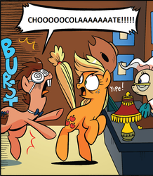 Size: 892x1024 | Tagged: safe, edit, idw, applejack, mayor mare, tadwell, friends forever #15, g4, my little pony: friends forever, spoiler:comic, chocolate with nuts, female, glasses, male, meme, reference, spongebob squarepants, swirly glasses