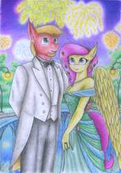 Size: 2451x3499 | Tagged: safe, artist:sinaherib, big macintosh, fluttershy, earth pony, anthro, g4, breasts, cleavage, clothes, dress, female, fireworks, high res, male, ship:fluttermac, shipping, straight, traditional art, tuxedo