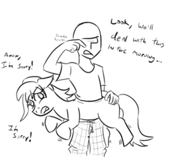 Size: 709x686 | Tagged: safe, artist:jargon scott, oc, oc only, oc:amber rose (thingpone), oc:anon, oc:thingpone, anon in pony action, butt touch, dialogue, grayscale, hand on butt, monochrome, open mouth, simple background, the thing, tired, wat, white background