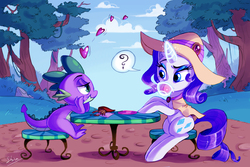 Size: 4000x2666 | Tagged: safe, artist:shira-hedgie, rarity, spike, dragon, earth pony, pony, g4, bedroom eyes, bush, confused, eye contact, eyes on the prize, female, food, french fries, hat, hay fries, heart, high res, magic, male, outdoors, question mark, raised eyebrow, rock, ship:sparity, shipping, sipping, sitting, smiling, stool, straight, table, tea, teacup, telekinesis, tree