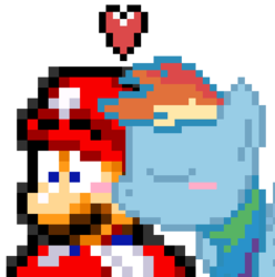 Size: 392x395 | Tagged: safe, artist:lilly-the-pkmn, rainbow dash, g4, blushing, crossover, crossover shipping, female, kissing, male, maridash, mario, mariodash, pixel art, shipping, straight, super mario bros.