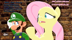 Size: 1338x750 | Tagged: safe, artist:icepony64, fluttershy, g4, 3d, crossover, dialogue, luigi, male, source filmmaker, super mario