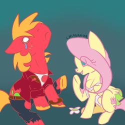 Size: 1000x1000 | Tagged: safe, artist:lakanakana, big macintosh, fluttershy, earth pony, pony, g4, clothes, female, male, ship:fluttermac, shipping, skirt, straight, tank top, torn clothes