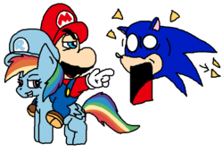 Size: 770x526 | Tagged: safe, artist:icepony64, rainbow dash, pony, g4, crossover, male, mario, riding, simple background, sonic the hedgehog, sonic the hedgehog (series), super mario, transparent background