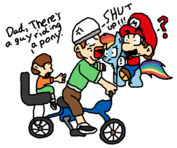 Size: 554x464 | Tagged: safe, artist:icepony64, rainbow dash, human, g4, bicycle, crossover, crossover shipping, dialogue, female, happy wheels, male, maridash, mario, pewdiepie, simple background, straight, super mario, transparent background