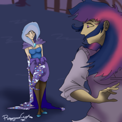 Size: 2000x2000 | Tagged: safe, artist:reggaecyp, trixie, twilight sparkle, human, g4, magic duel, high res, humanized, scene interpretation