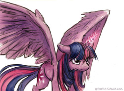 Size: 900x664 | Tagged: safe, artist:kenket, twilight sparkle, alicorn, pony, g4, angry, female, floppy ears, frown, glare, glowing horn, horn, large wings, magic, mare, messy mane, simple background, solo, spread wings, traditional art, twilight sparkle (alicorn), white background