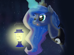 Size: 2048x1536 | Tagged: safe, artist:bratzoid, princess luna, firefly (insect), pony, g4, ethereal mane, female, firefly lamp, lamp, lantern, magic, mare, snow, snowfall, solo, starry mane, telekinesis