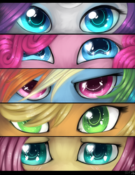 Size: 2550x3300 | Tagged: safe, artist:tomocreations, applejack, fluttershy, pinkie pie, rainbow dash, rarity, g4, eyes, female, heart eyes, high res, persona eyes, remane five, wingding eyes