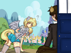 Size: 2000x1500 | Tagged: safe, artist:invader-celes, derpy hooves, doctor whooves, time turner, human, ass, blushing, breasts, bubble butt, busty derpy hooves, clothes, doctor who, eared humanization, female, humanized, ponyville, question mark, shorts, socks, tailed humanization, tardis, the doctor, thigh highs, winged humanization