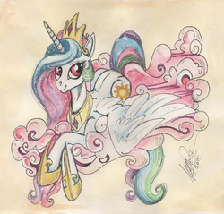 Size: 924x884 | Tagged: safe, artist:sagastuff94, princess celestia, g4, cloud, female, prone, smiling, solo, spread wings, traditional art