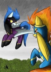 Size: 600x844 | Tagged: safe, artist:wings-dragon, nightshade, spitfire, pegasus, pony, g4, clothes, costume, duo, flying, shadowbolts, shadowbolts costume, wonderbolts uniform