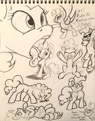 Size: 900x1148 | Tagged: safe, artist:tsitra360, pinkie pie, g4, dialogue, female, imminent vore, licking, macro, monochrome, multeity, pinkie prey, sketch dump, solo, traditional art