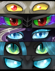 Size: 1250x1617 | Tagged: safe, artist:tomocreations, discord, king sombra, nightmare rarity, queen chrysalis, changeling, g4, antagonist, eyes, fanart, persona eyes