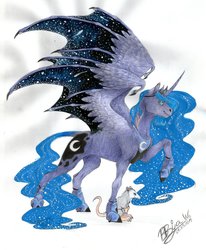 Size: 1024x1241 | Tagged: safe, artist:biakela, princess luna, tiberius, g4, bat wings, curved horn, fangs, female, horn, raised hoof, scar, simple background, solo, spread wings, traditional art