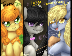 Size: 2300x1777 | Tagged: safe, artist:tomocreations, carrot top, derpy hooves, golden harvest, octavia melody, pegasus, pony, g4, carrot, cello, female, mare, muffin, musical instrument, violin