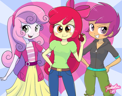 Size: 1175x930 | Tagged: safe, artist:riouku, apple bloom, scootaloo, sweetie belle, equestria girls, g4, adorabloom, apple, clothes, cute, cutealoo, cutie mark crusaders, diasweetes, food, heart, pants