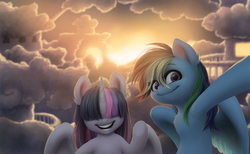 Size: 1859x1145 | Tagged: safe, artist:katputze, rainbow dash, twilight sparkle, alicorn, pony, g4, bangs, chest fluff, cloudsdale, covering eyes, cute, duo, female, fluffy, hair over eyes, hidden eyes, hilarious in hindsight, looking at you, mare, open mouth, selfie, smiling, spread wings, teeth, twilight sparkle (alicorn), waving