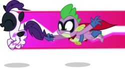 Size: 1729x955 | Tagged: safe, artist:punzil504, fili-second, spike, oc, oc:nyx, alicorn, dragon, pony, g4, power ponies (episode), cute, humdrum costume, nyxabetes, ocbetes, power ponies, pronking, simple background, transparent background