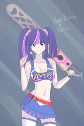 Size: 1280x1918 | Tagged: safe, artist:jonfawkes, twilight sparkle, human, g4, belly button, clothes, cosplay, humanized, lollipop chainsaw, midriff, skirt, voice actor joke