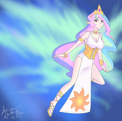 Size: 1280x1272 | Tagged: safe, artist:jonfawkes, princess celestia, human, g4, 30 minute art challenge, cleavage, clothes, dress, elf ears, female, flying, humanized, sandals, the art bloc