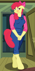 Size: 2200x4400 | Tagged: safe, alternate version, artist:flyingbrickanimation, apple bloom, earth pony, anthro, unguligrade anthro, g4, .zip file at source, adult, blushing, clothes, covering, female, floppy ears, hooves, multiple variants, older, overalls, questionable source, shirt, solo