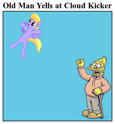 Size: 420x450 | Tagged: safe, cloud kicker, g4, abe simpson, angry, cane, caption, glasses, grampa simpson, happy, headline, image macro, male, meme, old man yells at cloud, open mouth, simpsons did it, the simpsons