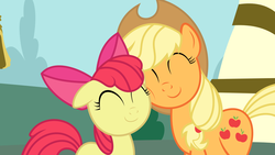 Size: 1152x648 | Tagged: safe, artist:aa-69, apple bloom, applejack, earth pony, pony, g4, adorabloom, applebetes, best sisters, bow, cute, eyes closed, female, filly, floppy ears, hair bow, jackabetes, mare, nuzzling, scene interpretation, sisters, smiling, squishy cheeks, vector