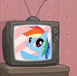 Size: 537x533 | Tagged: safe, rainbow dash, g4, simple background, television, waving