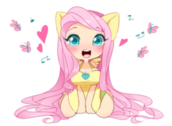 Size: 492x361 | Tagged: safe, artist:miichix, fluttershy, human, g4, blushing, breasts, busty fluttershy, chibi, cleavage, clothes, cute, dress, eared humanization, female, heart, humanized, ponied up, pony ears, shyabetes, solo, winged humanization