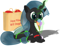 Size: 1600x1200 | Tagged: safe, artist:doz2nd, queen chrysalis, changeling, changeling queen, nymph, g4, bracelet, cute, cutealis, eating, female, filly, filly queen chrysalis, foal, food, heart, ice cream, magic, paper bag, pillow, shadow, simple background, solo, telekinesis, text, transparent background, younger
