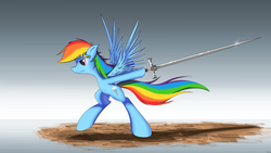 Size: 4800x2700 | Tagged: safe, artist:flamevulture17, rainbow dash, pegasus, pony, g4, bipedal, female, mare, solo, sword, weapon