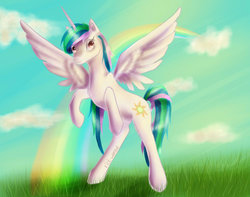 Size: 1024x807 | Tagged: safe, artist:rick-wombat, princess celestia, pony, g4, crepuscular rays, female, rainbow, rearing, solo, spread wings