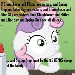 Size: 500x500 | Tagged: safe, cloudchaser, flitter, lilac sky, spring step, sunlight spring, sweetie belle, g4, black sheep, cheerleader, color, exploitable meme, headcanon, hex, image macro, meme, sisters, sudden clarity sweetie belle