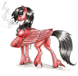 Size: 1515x1476 | Tagged: safe, artist:dragonademetal, oc, oc only, oc:crimson angel, pegasus, pony, cigarette, earring, piercing, smoking, solo