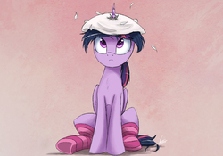 Size: 2000x1397 | Tagged: safe, artist:ncmares, twilight sparkle, alicorn, pony, g4, clothes, feather, female, frown, horn, horn impalement, looking up, mare, messy mane, pillow, pillow hat, sitting, socks, solo, striped socks, twilight sparkle (alicorn), underhoof, wide eyes