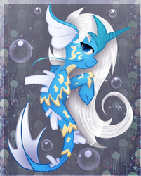 Size: 1215x1509 | Tagged: safe, artist:zmei-kira, gyarados, merpony, pony, sea pony, unicorn, bubble, crossover, digital art, dorsal fin, fish tail, horn, ocean, pokémon, seaponified, smiling, solo, species swap, tail, underwater, water, white mane