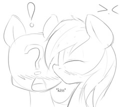 Size: 500x428 | Tagged: safe, artist:randy, oc, oc only, oc:anon, oc:aryanne, anonpone, black and white, blushing, exclamation point, eyes closed, grayscale, kissing, monochrome, shipping, sketch